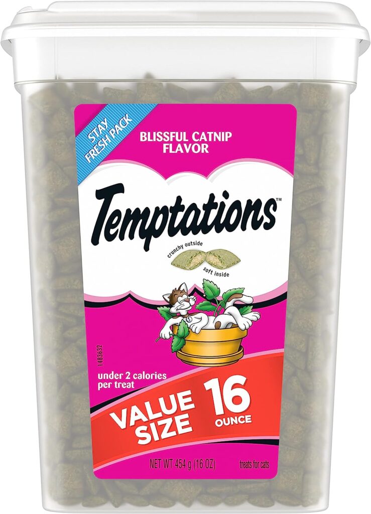 TEMPTATIONS Classic Crunchy and Soft Cat Treats Blissful Catnip Flavor, 16 oz. Tub
