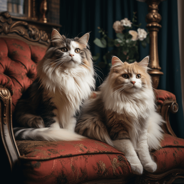 two cats sitting at a chair