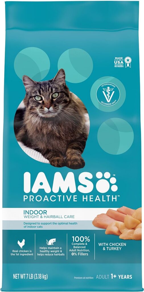 IAMS PROACTIVE HEALTH Adult Indoor Weight Control  Hairball Care Dry Cat Food with Chicken  Turkey Cat Kibble, 7 lb. Bag
